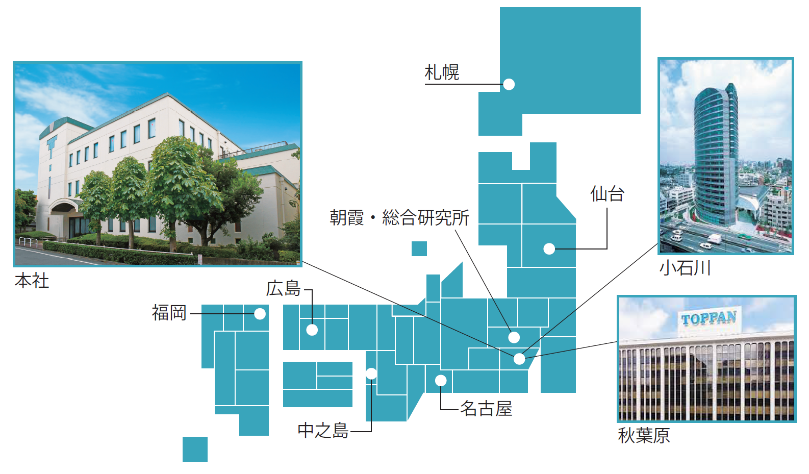 全国のオフィスサポート拠点を示した地図。札幌、仙台、朝霞・総合研究所、小豆沢本社、小石川、秋葉原、名古屋、広島、福岡