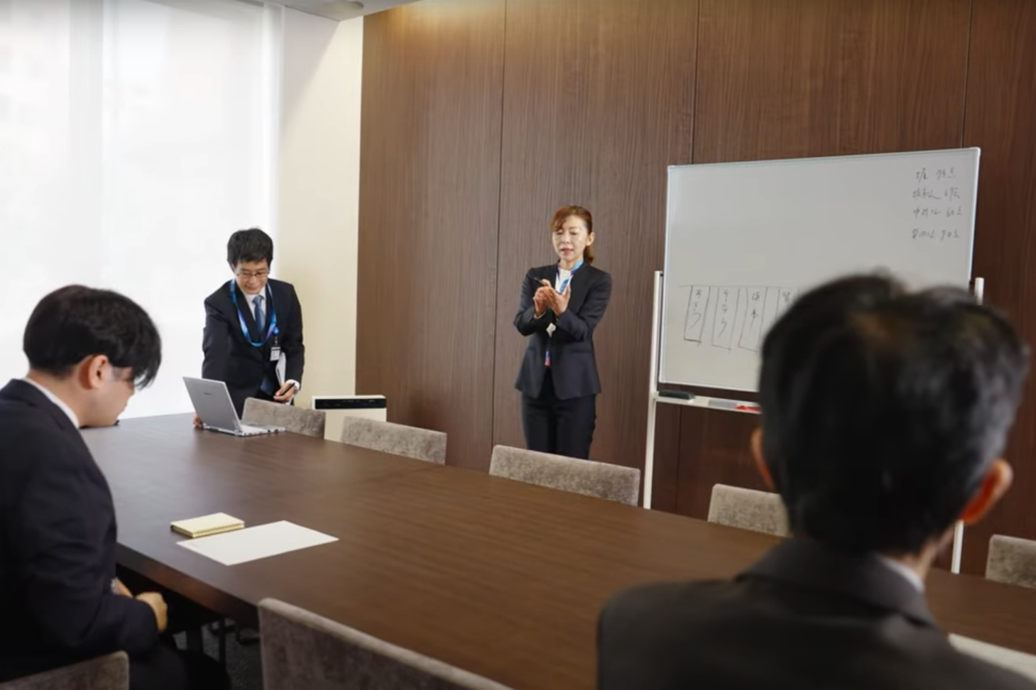 会議室でホワイトボードを使って説明している様子